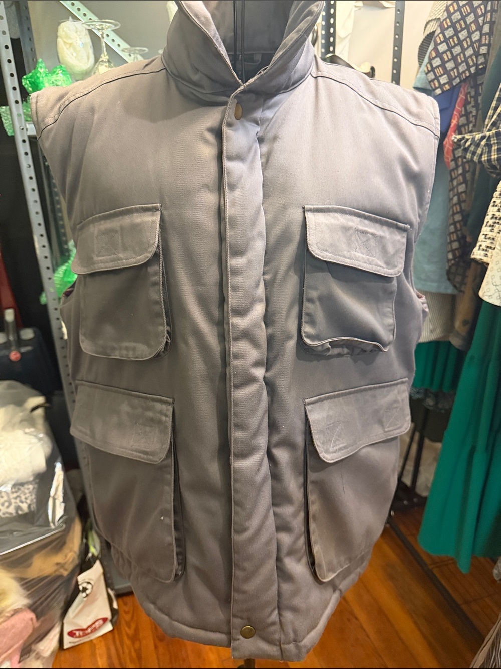 Men's Grey Quilted Utility Vest with Multi-Pocket Front